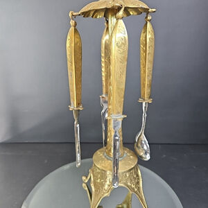 Ornate Vintage Brass Stand with 4 Brass Kitchen Accessories 15.5" Tall